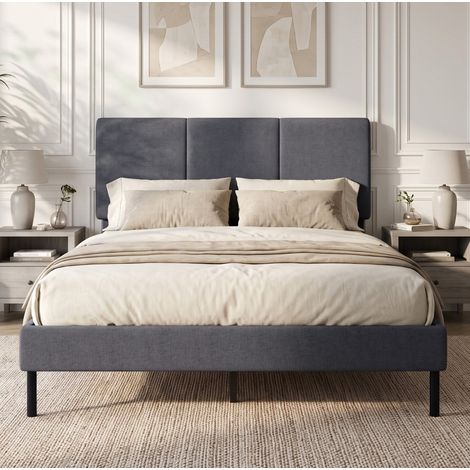 MODFU – Cama de matrimonio 140x200 cm de metal/lino con cabecero regulable 107-112 cm, 12 lamas, compartimento bajo la cama y carga 300 kg – Gris oscuro (1/5)