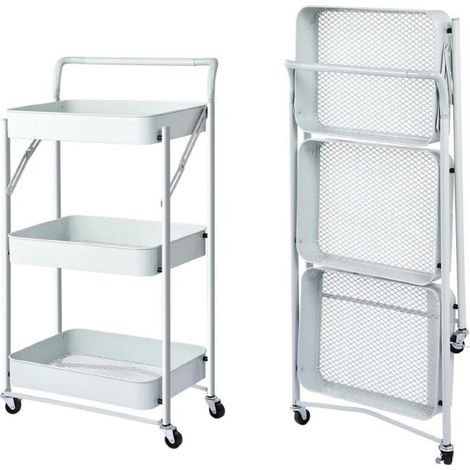 Carrello Cucina Pieghevole Multiuso con Manico 3 Ripiani Cestelli 4 Ruote girevoli e Freno Integrato Bianco