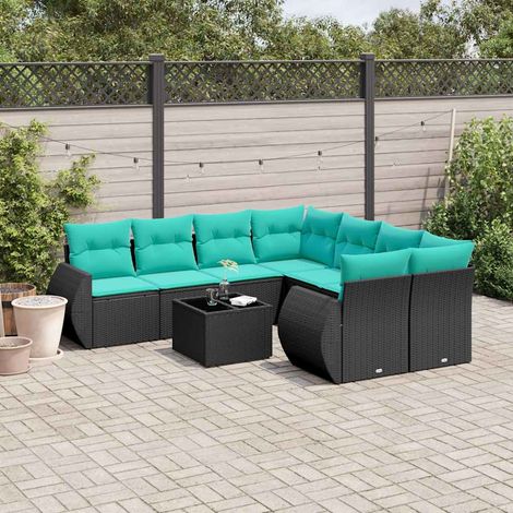 9-teiliges Gartensofa-Set mit Kissen, schwarzes Polyrattan (1/5)