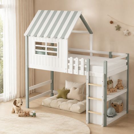 Etagenbett 90x200 cm in verde, con tetto, scala di sicurezza e spazio contenitore