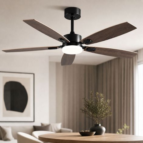 Ventilador de techo de 42 pulgadas con luz LED, motor silencioso, aspas de madera, mando a distancia, regulable de 38 a 45 cm, diseño nórdico. (1/4)