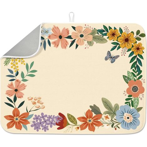 Tapis de séchage en forme de feuille de fleur 45 x 60 cm - Tapis de séchage vintage floral - Aquarelle - Fleur sauvage - Tapis de séchage pour table de comptoir, évier, café (1/5)