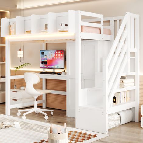 MEUBLIV Hochbett 90x200 cm Weiß – mit Schreibtisch und Stauraum, ohne Matratze (1/5)