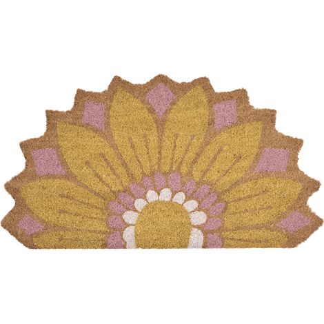 Felpudo moderno para interior y exterior 45 x 75 cm motivo floral de fibra de coco dorso de PVC antideslizante amarillo Arolik (1/5)