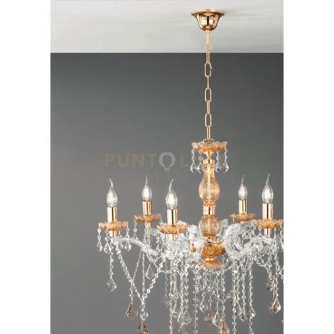 LAMPADARIO DAMASCO 8 LUCI AMBRA E ORO ATTACCO E14 D.82CM