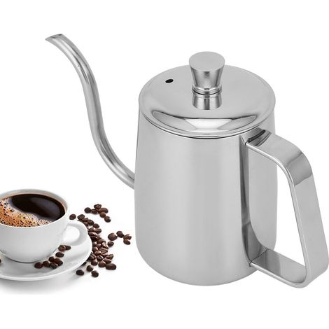 Manuelle Kaffeemaschine aus Edelstahl mit langem, dünnem Ausguss und Deckel, silberfarben, 350 ml (1/5)
