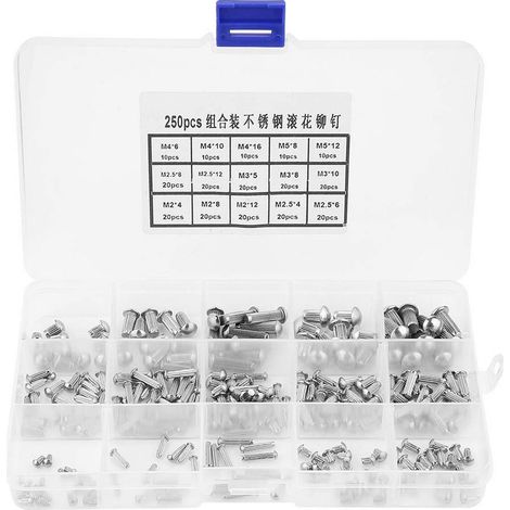 Zoternen LiebeWH 250 pièces Rivets pleins, rivets à tête ronde en acier inoxydable M2-M5 avec tige moletée Assortiment d'outils de quincaillerie (1/5)