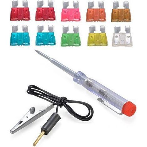Trade Shop - TESTER SCHRAUBENDREHER PHASENSUCHE 6V 12V 24V + 10 GEMISCHTE SICHERUNGEN FÜR AUTOS -