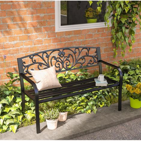 Banco de jardín de metal (127x60x87 cm), 2 plazas, respaldo con diseño floral, estructura de acero, negro (1/5)