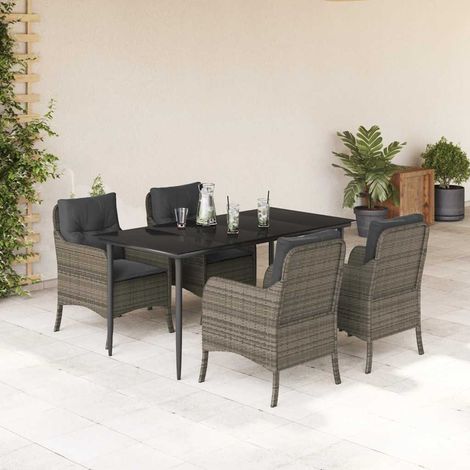 Ensemble repas jardin 5 pièces résine tressée, table noire, chaises grises, coussins gris foncé - PANGIVO (1/5)