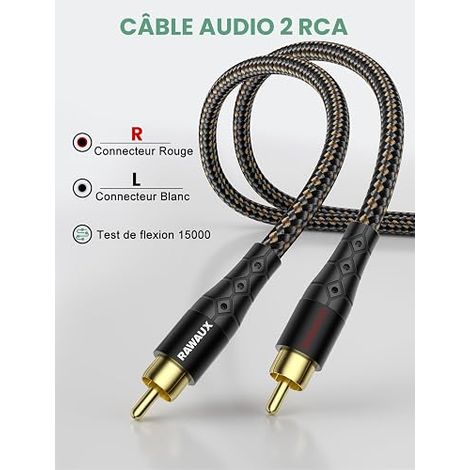 Câble RCA Audio 5M, Cable Stéréo Subwoofer Plaqué Or (1/4)