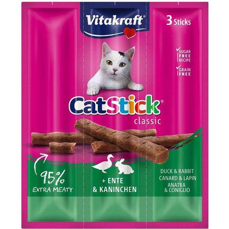 VITAKRAFT Cat Stick Mini – Leckerli für Katzen, Geschmack: Ente und Kaninchen, 3 Stück/18 g