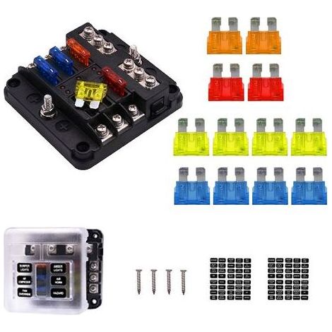 6 Voies Boîte à Fusibles, Porte Fusible avec Bus Négatif, Blocs Fusible Lame avec 16 Fusibles 6 Voyants LED Couvercle de Protection pour 12V/32V Voiture Automobile Bateau Marine Camion SUV