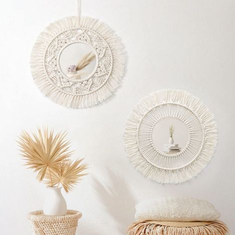 Lot de 2 Miroir Mural Macramé Rond Miroir Muraux avec Frange Suspendu Miroir Pendentif Art Ornement Boho Decor pour Appartement Maison Chambre Salon(Beige, 2 Pièces) (1/5)
