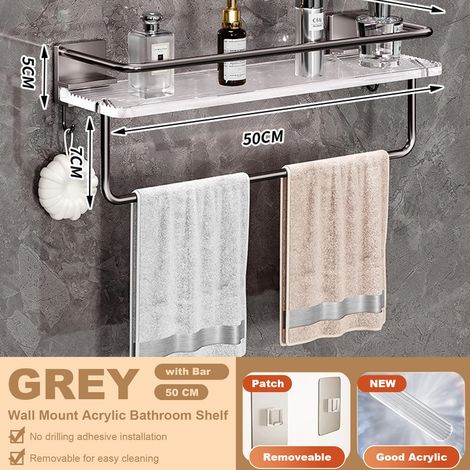 Étagère de salle de bain d'angle en acrylique gris (50 cm avec barre), avec crochets pour serviettes, fixation murale sans perçage, en aluminium spatial. (1/5)