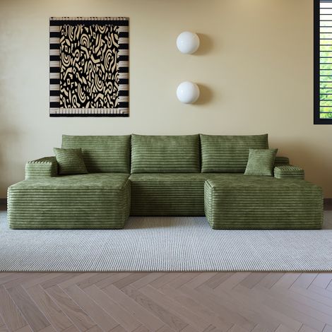 Divano angolare modulare sinistro con pouf removibile in velluto a coste, ripiegabile senza montaggio, design moderno, 270x175x83 cm, verde (1/5)