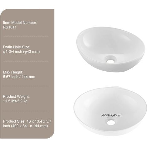 Vasque, Design Ovale, Matériau Céramique Durable, 16x13.4 in (1/2)