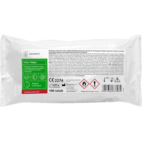 Toallitas con alcohol para una rápida desinfección y limpieza de pequeñas superficies Toallitas Velox 100 uds recambio (1/3)