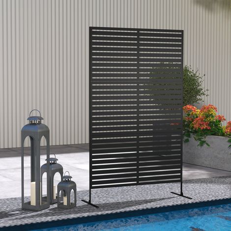 Separador de ambientes metálico para exteriores Outsunny, diseño de listones, separador de ambientes decorativo para patio, jardín, balcón, negro. (1/5)