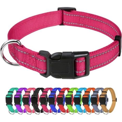 Collare per cani, classico, regolabile, in nylon riflettente, adatto a cani di piccola taglia, rosa acceso, larghezza 2,0 cm, taglia S, 30-40 cm (1/5)