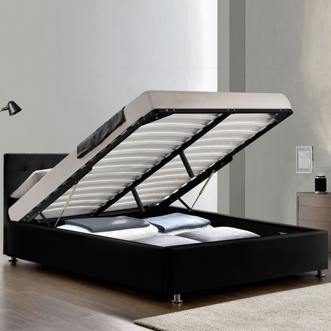 MEUBLER DESIGN Lit Complet Sommier Relevable + Tête De Lit + Cadre De Lit Capitole - Noir - 140x190, Polyuréthane, Style Contemporain, 203 x 151 x 90.5 cm (1/3)