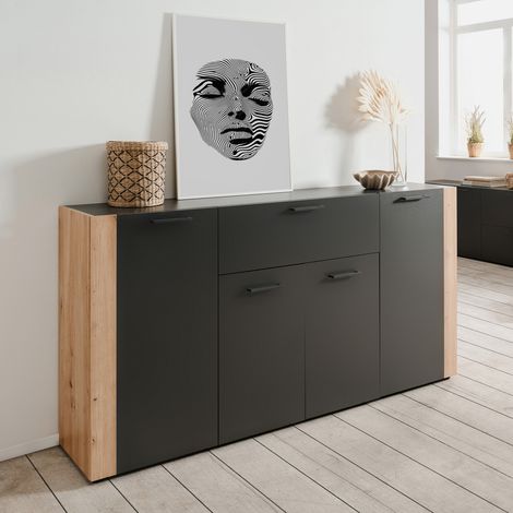 Buffet CENTO - Gris Anthracite & Chene Artisan - 4 portes, 1 tiroir - L162 x P35 x H85 cm (1/5)