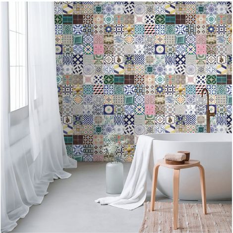 Photo wallpaper Profhome 398361 hot embossed non-woven wallpaper smooth with tile pattern matt blue green pink grey 1.59 m x 2.8 m (1/4)