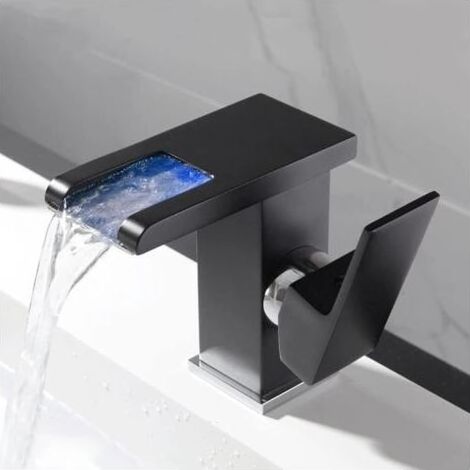 Robinets de lavabo, robinet de lavabo de salle de bain à LED en cascade, robinet de lavabo à poignée unique, changement de couleur RVB alimenté par le débit d'eau, robinets de lavabo/noir (1/5)