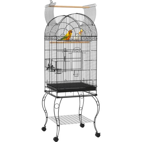 Cage à oiseaux avec roulettes, cage extérieure avec plateau amovible, 2 gamelles et perchoir, 51x51x153 cm, noire (1/5)