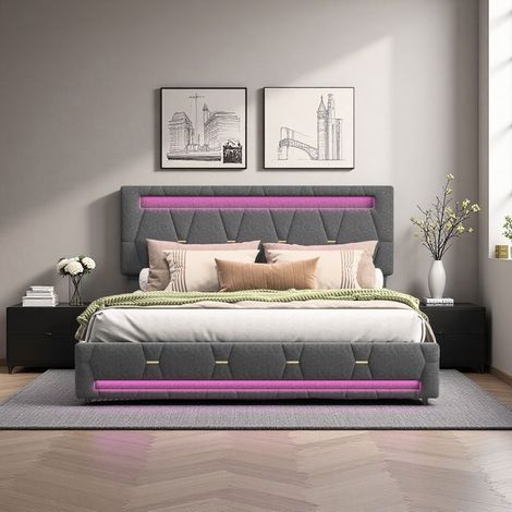 Doppelbett 140x200 - Modernes Grau - Eingebaute Schubladen - RGB-Beleuchtung - Verstellbares Kopfteil