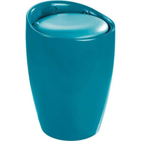 Tabouret Panier à Linge Coffre à Linge et tabouret Salle de Bain Candy WENKO, Coussin Amovible, filet linge amovible 20l , Plastique ABS résistant 120kg, d36x50,5cm, turquoise (1/3)