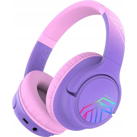 Cuffie wireless PowerLocus Bobo viola con LED e ingresso AUX per bambini. (1/5)