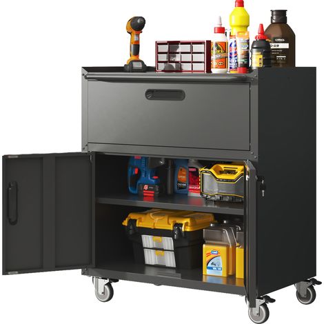 Coffre à outils sur roues en acier pour atelier – meuble de rangement mobile résistant avec un tiroir, deux battants sécurisés, chariot à outils roulant, dimensions H 88 × L 75 × P 42 cm, finition gri (1/5)