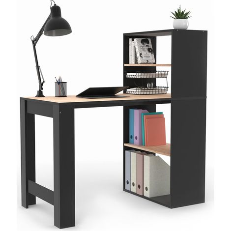 Idmarket – Bureau bibliothèque BEN – Longueur 113 cm x largeur 60 cm x hauteur 120 cm – Structure en particules de bois noir et façon hêtre