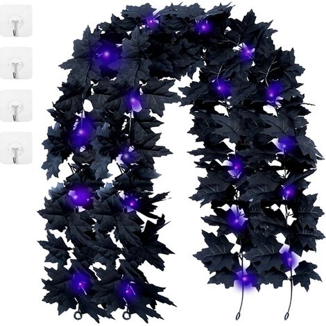 Guirlande Halloween feuilles d’érable artificielles 2 m noires, déco automne intérieure extérieure, fête saison froide (1/4)