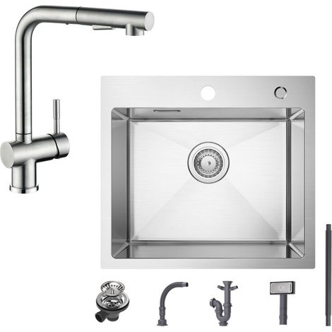Fregadero de 1 seno Fregadero de acero inoxidable cepillado de 50 × 45 CM + grifo de cocina con 2 tipos de chorro Grifo de fregadero extraíble cepillado, altura 306 mm