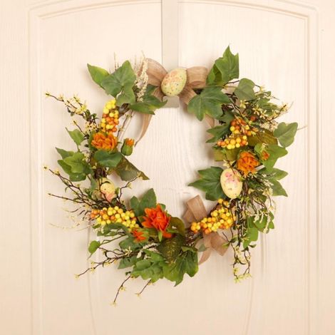 Guirlande De Pâques - Couronne Artificielle En Raphia Avec Œufs De Pâques En Mousse Et Lumières Led - 40 Cm - Décoration Porte Fenêtre Mur (1/5)