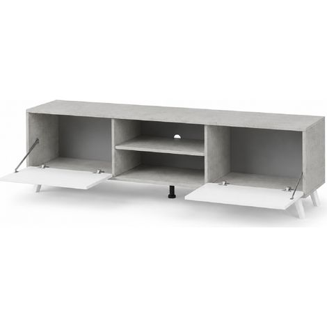 Porta TV Con 2 Ante Battenti Ripiani Centrali Aperti E Gambe Design Scandinavo Mobile Moderno Per Televisori Fino A 75 Pollici 180 X 39,6 X 49 Cm Grigio Cemento E Bianco (1/5)