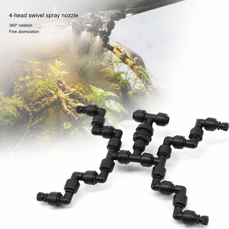 Buse de Brumisation Réglable - 4 Têtes Noires ABS - Rotation 360° pour Reptiles et Serre, Ø15.5-16mm, Humidité Uniforme (1/5)