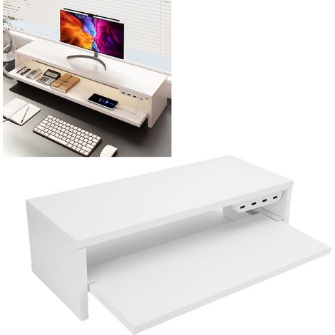 Supporto multifunzionale per monitor da scrivania con presa di corrente, porte USB e vano portaoggetti, in legno sintetico bianco. (1/4)