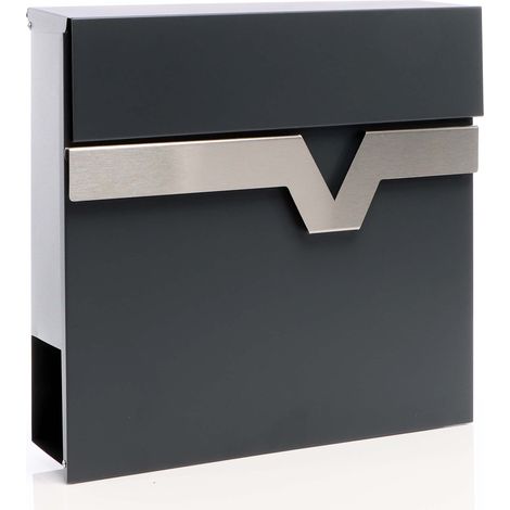 XPOtool Briefkasten V60 Anthrazit und Edelstahl 370 x 105 x 370 mm, Wandbriefkasten mit Schloss, Soft Close Klappe und Zeitungsfach, Postkasten aus Stahl pulverbeschichtet