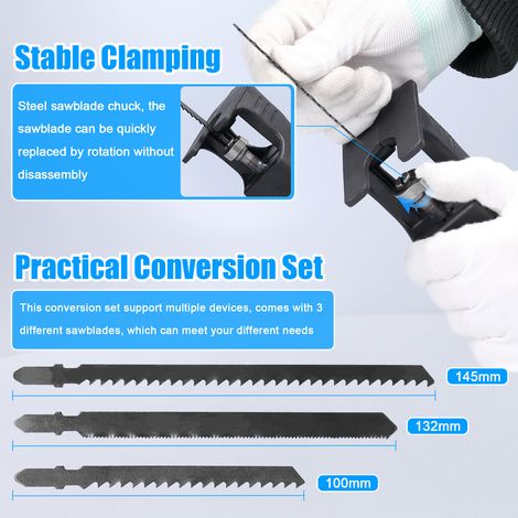 Perceuse électrique modifiée pour servir de scie. Kit d'outils alternatif pour modifier un gabarit de coupe portable pour bois et métal avec 3 lames de scie. (1/5)