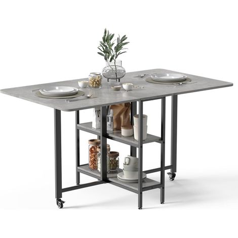 Table de cuisine pliante et mobile avec 2 étagères, gris, 140 cm (1/5)
