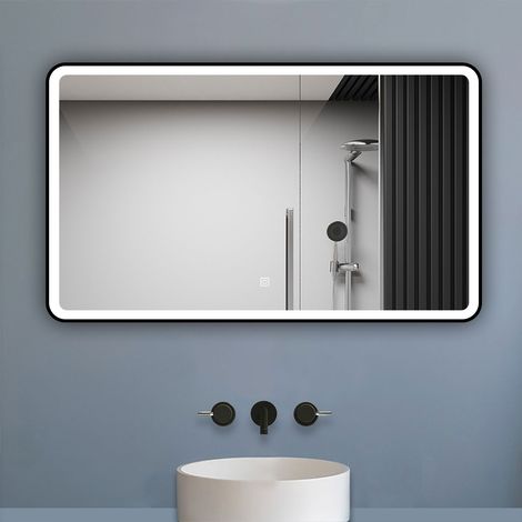 Aica Miroir de salle de bain LED 100x60cm avec cadre noir, tricolore + anti-buée + mémoire + gradation infinie