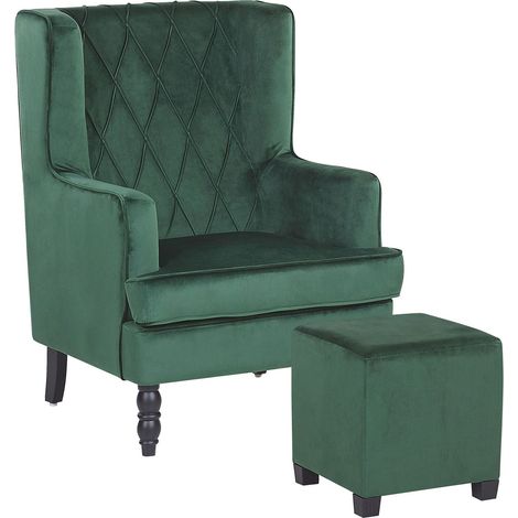 Poltrona con Poggiapiedi in Velluto Verde con Gambe in Legno Sandset