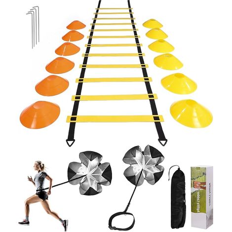 Équipement d'entraînement de Football,Parachute de résistance d'entraînement,1 Échelle de D'agilité de 6 Mètres, 12 Cônes de Disque,Jeux D'EntraîNement pour La Vitesse et L'Agilité (1/5)