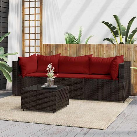 4-tlg. Garten-Lounge-Set mit Kissen Braun Poly Rattan (1/5)