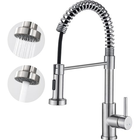 Auralum Robinet de cuisine avec douchette à ressort en acier inoxydable brossé Robinet de cuisine pivotant à 360 ° en acier inoxydable (1/5)