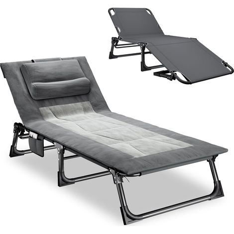 Sun Lounger with 4 Positions, Foldable Sun Lounger With Padded Mattress and Pillow Portable Camping Bed for Garden, Beach, Pool, Patio Grey (1/5)