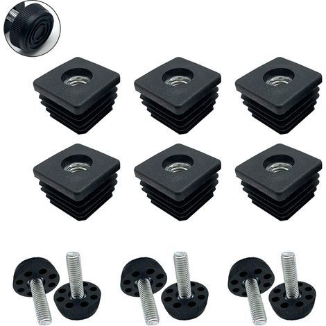 Set mit 6 Vierkantrohrstopfen – M8-Gewinde – Kunststoff – Vierkant-Klappstopfen – mit Möbelfüßen – Verstellbarer Fuß – Schraubfuß – 25 x 25 mm (1/5)